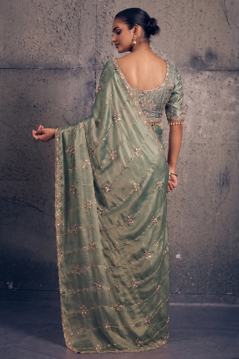 Light Teal Green Tissue Silk Saree with Hand Embroidery with Stitched Blouse