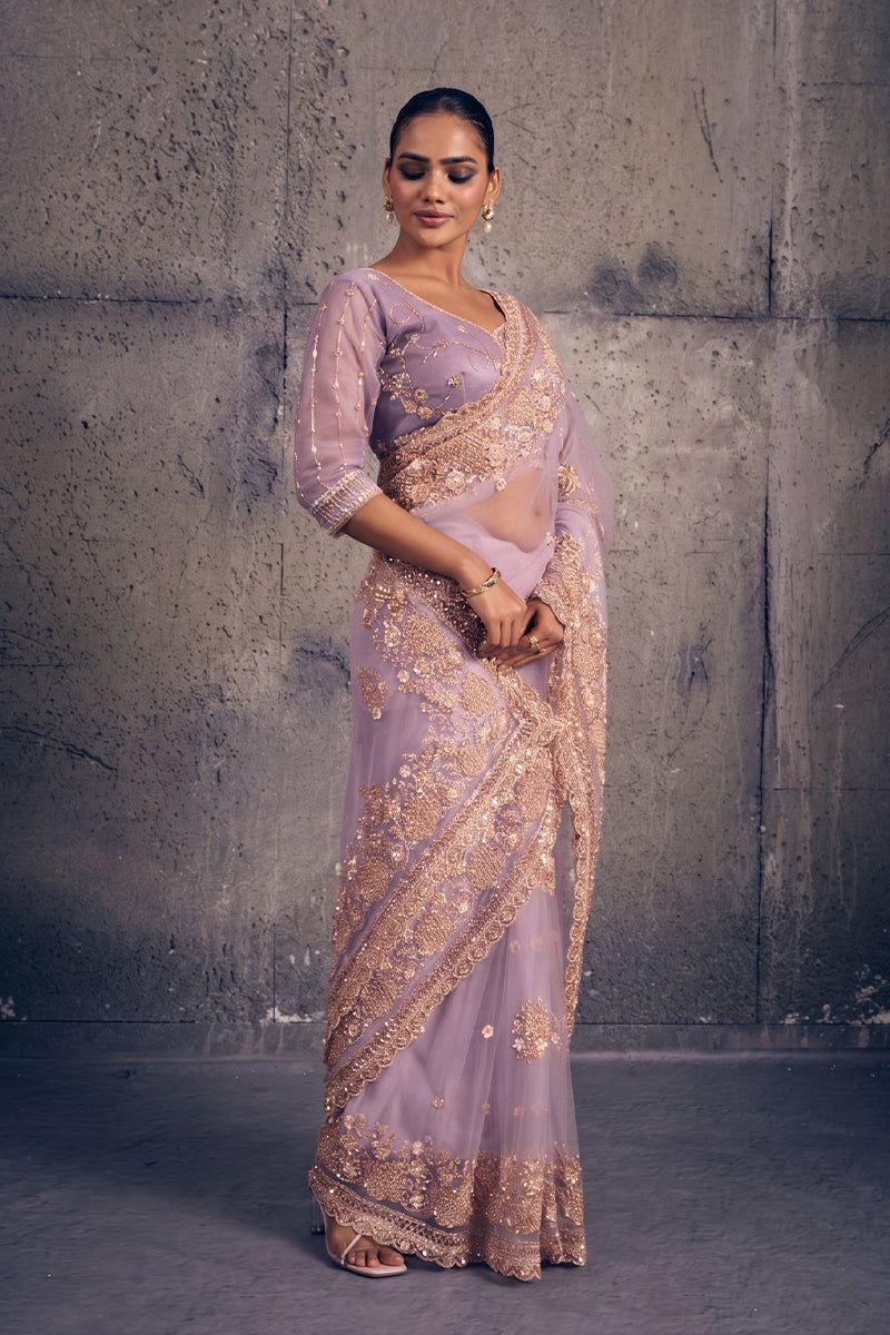 Light Lavendar Net Saree with Hand Embroidery with Stitched Blouse