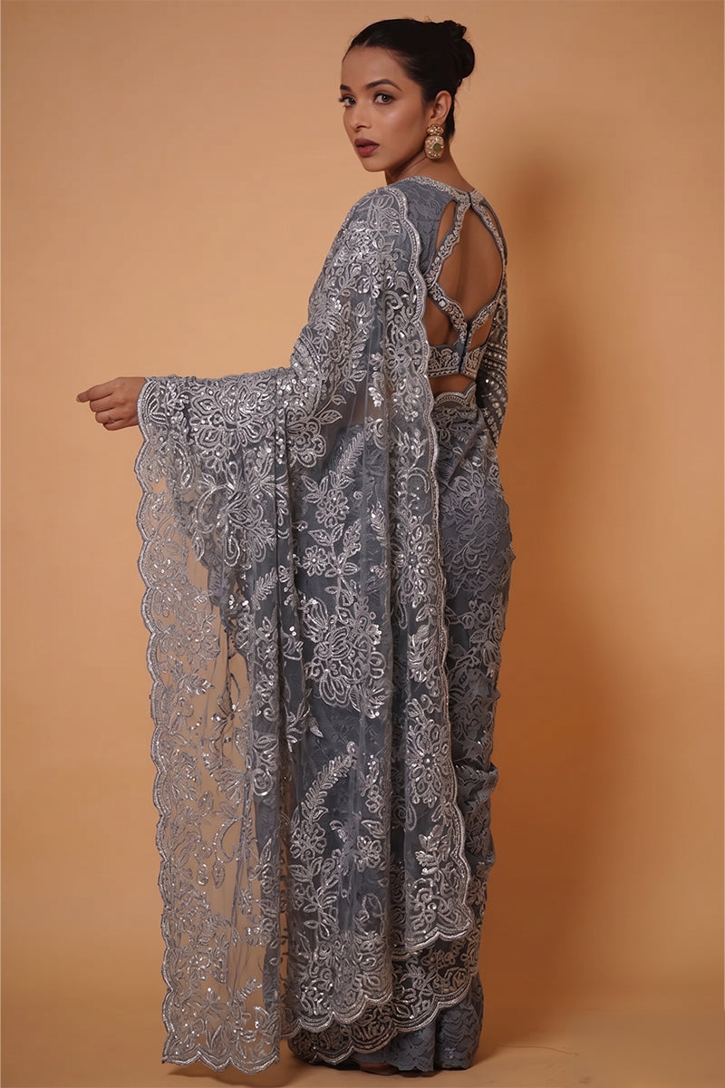 Grey Super Net Saree Featuring Sequin & Swarovski Detailing