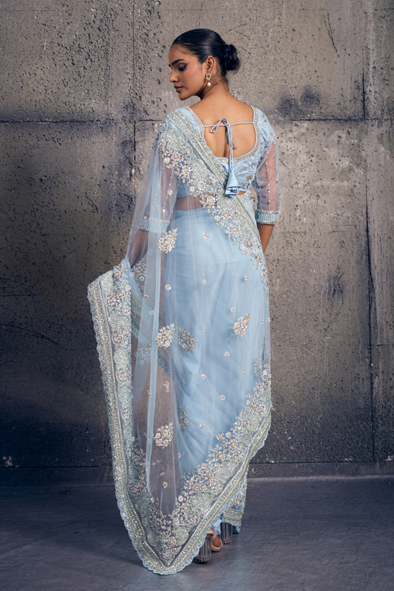 Sky Blue Net Saree with Hand Embroidery with Stitched Blouse
