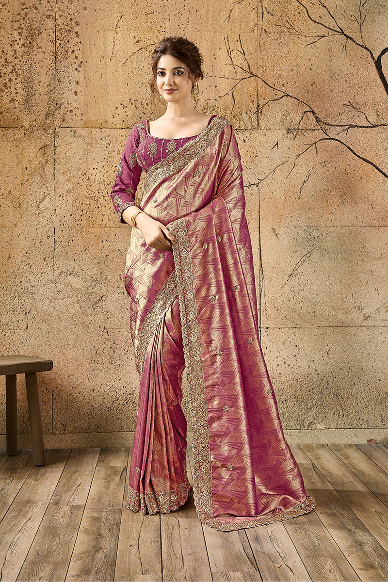 Rose Pink Organza Silk Saree with Zari Hand Embroidery with Stitched Blouse