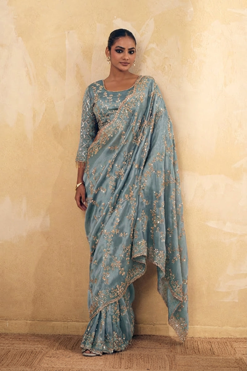 Aqua Blue Organza Silk Saree with Hand Embriodery with Stitched Blouse