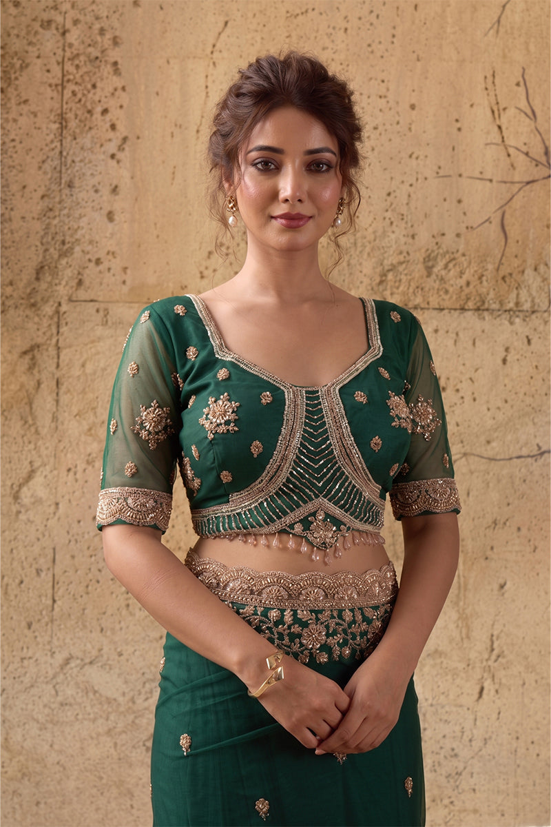 Emerald Green Net Saree with Hand Embroidery with Stitched Blouse