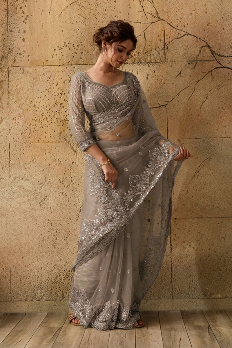 Dark Golden Net Saree With Sequin Hand Embroidery with Stitched Blouse