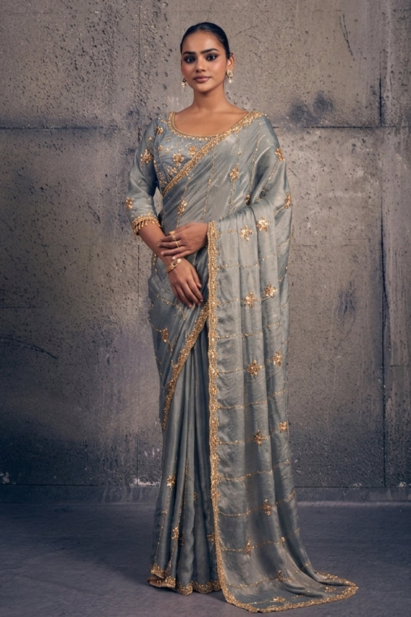 Golden Grey Tissue Silk Saree with Hand Embroidery with Stitched Blouse