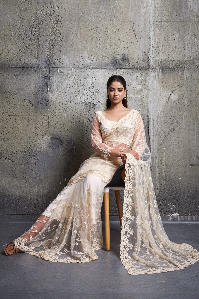 Ivory White Net Saree With Sequin Hand Embroidery with Stitched Blouse