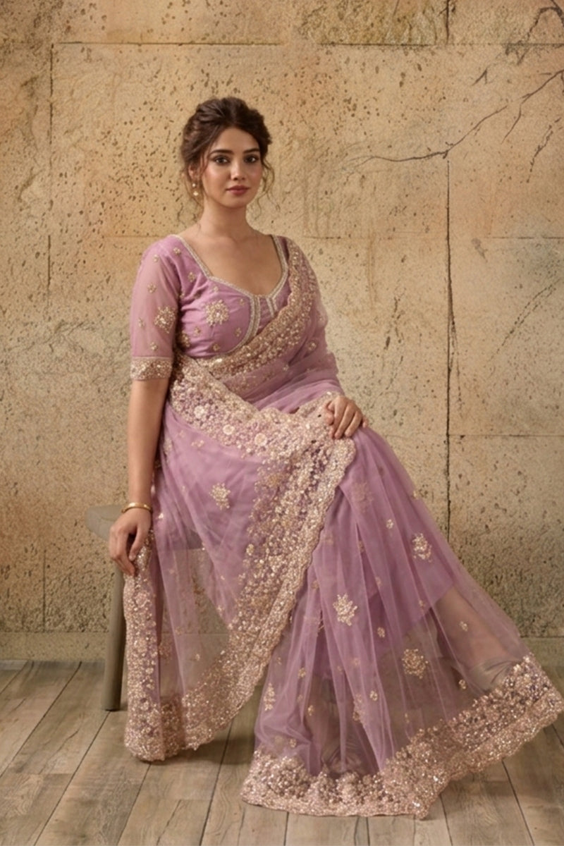 Lavendar Net Saree with Hand Embroidery with Stitched Blouse