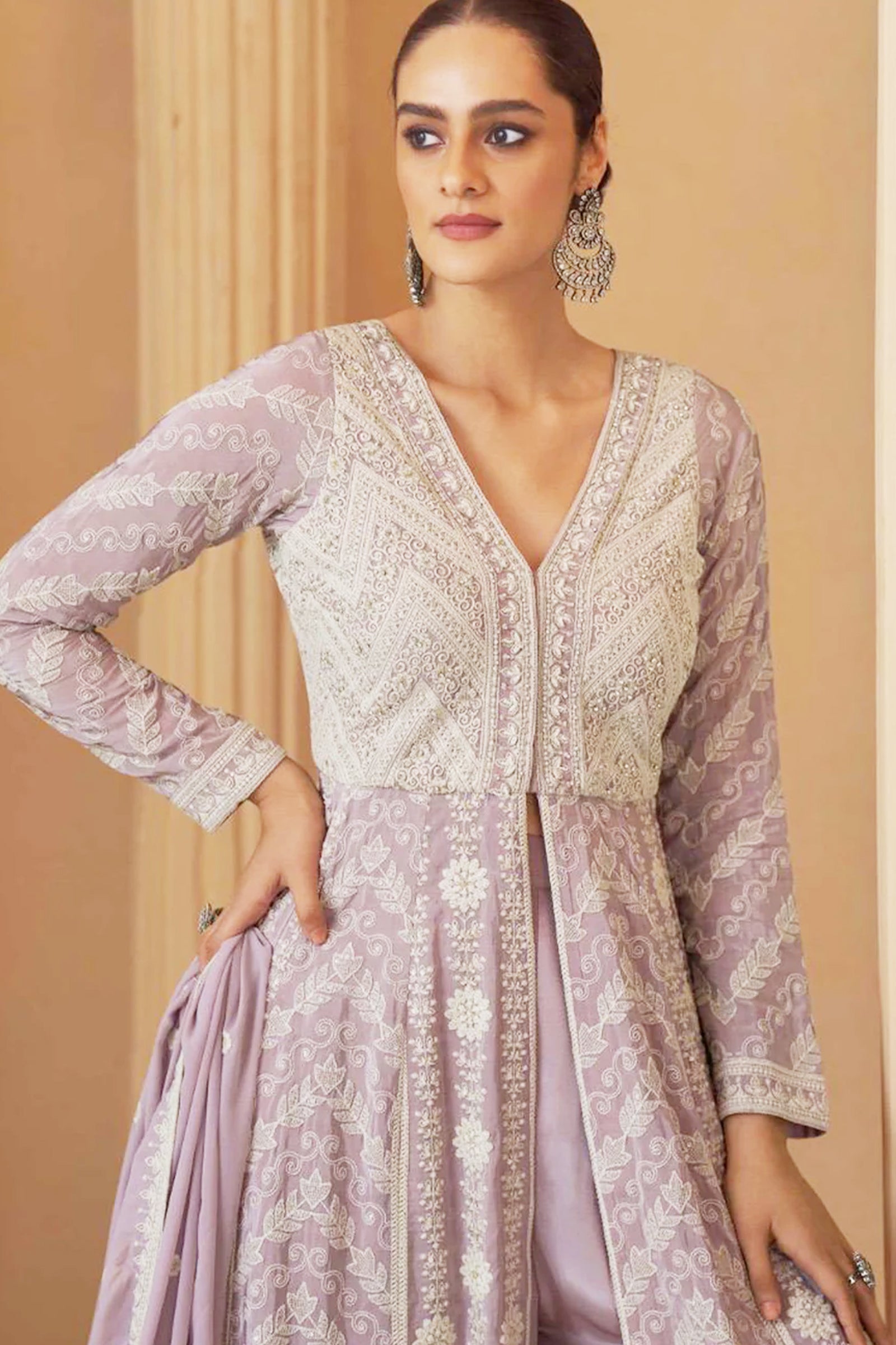 Lavender Georgette Front-Slit Anarkali with Intricate Ivory Threadwork