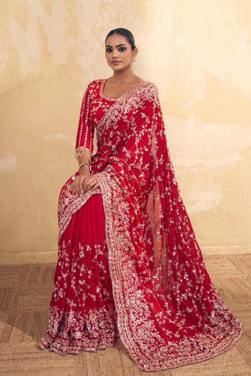 Bridal Red Organza Silk Saree with Hand Embroidery with Stitched Blouse