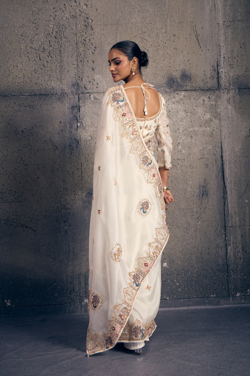 Ivory White Organza Saree with Peacock Hand Embroidery with Stitched Blouse
