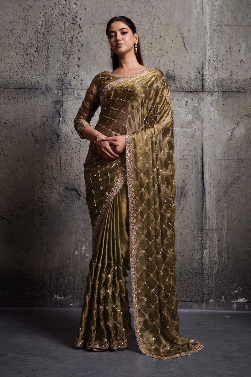 Mehandi Green Organza Silk Saree with Hand Embroidery with Stitched Blouse
