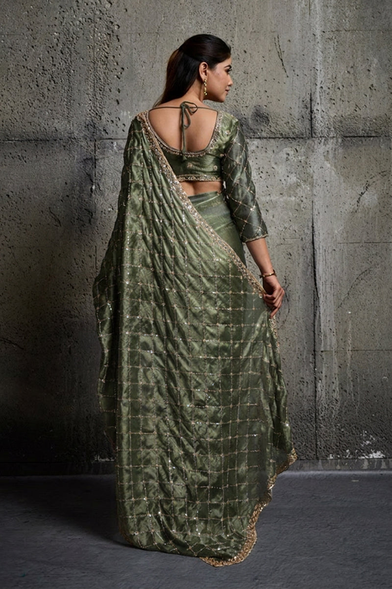 Mint Green Organza Silk Saree with Hand Embroidery with Stitched Blouse