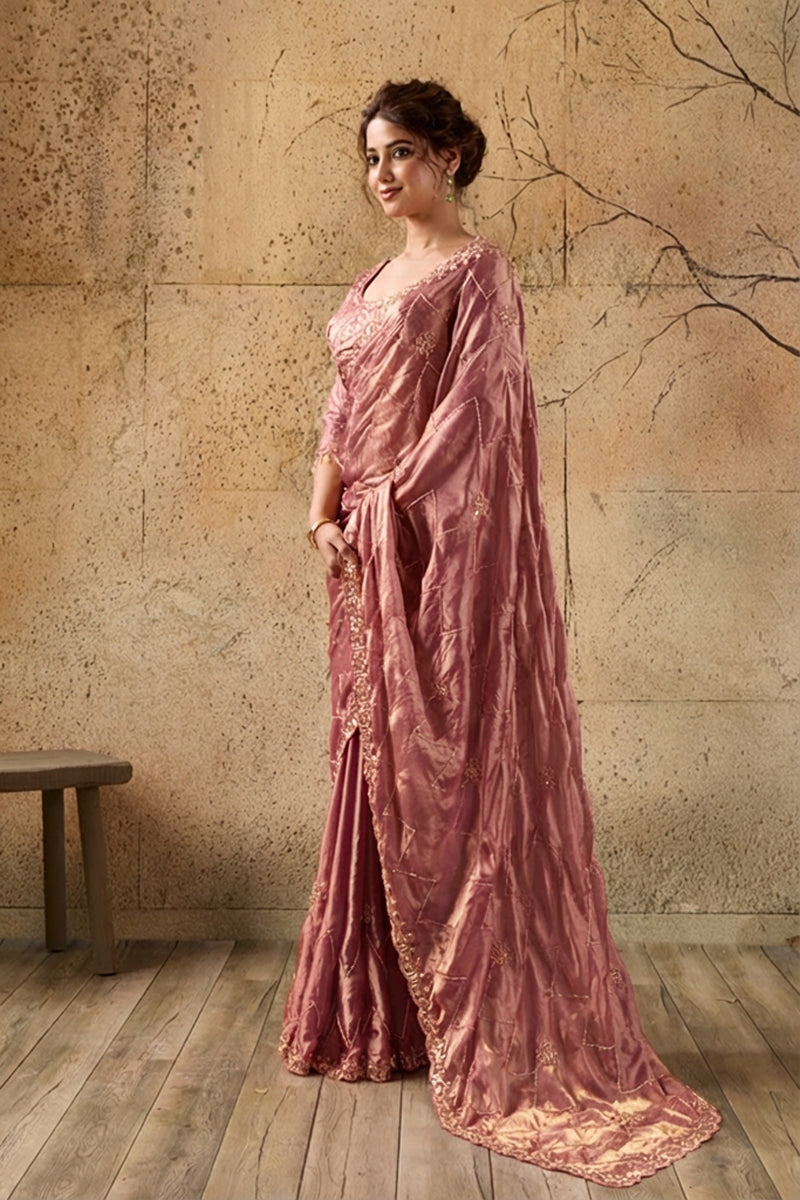 Peach Pink Organza Saree with Hand Embroidery with Stitched Blouse