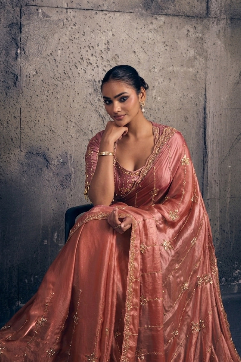 Rose Pink Tissue Silk Saree with Hand Embroidery with Stitched Blouse