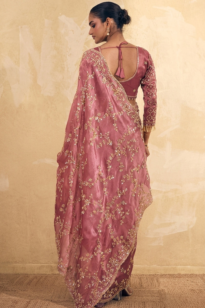 Magenta Pink Organza Silk Saree with Hand Embriodery with Stitched Blouse