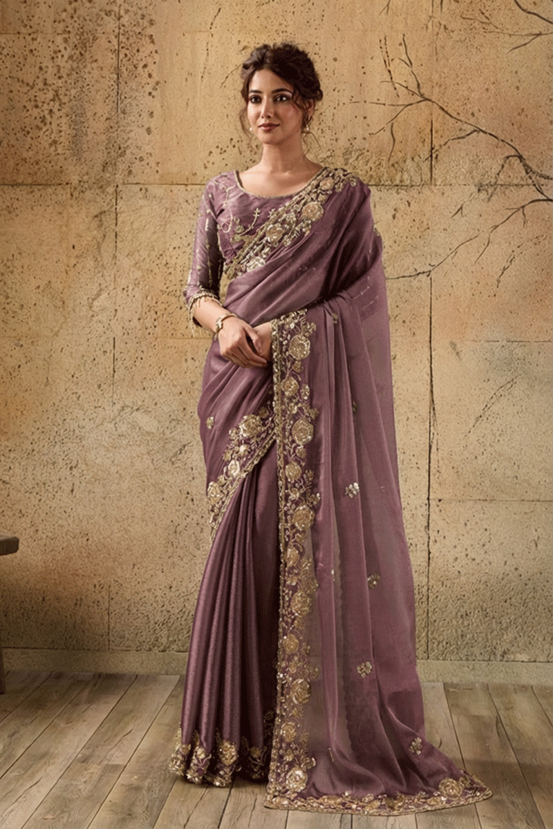 Mauve Pink Organza Saree with Floral Hand Embroidery