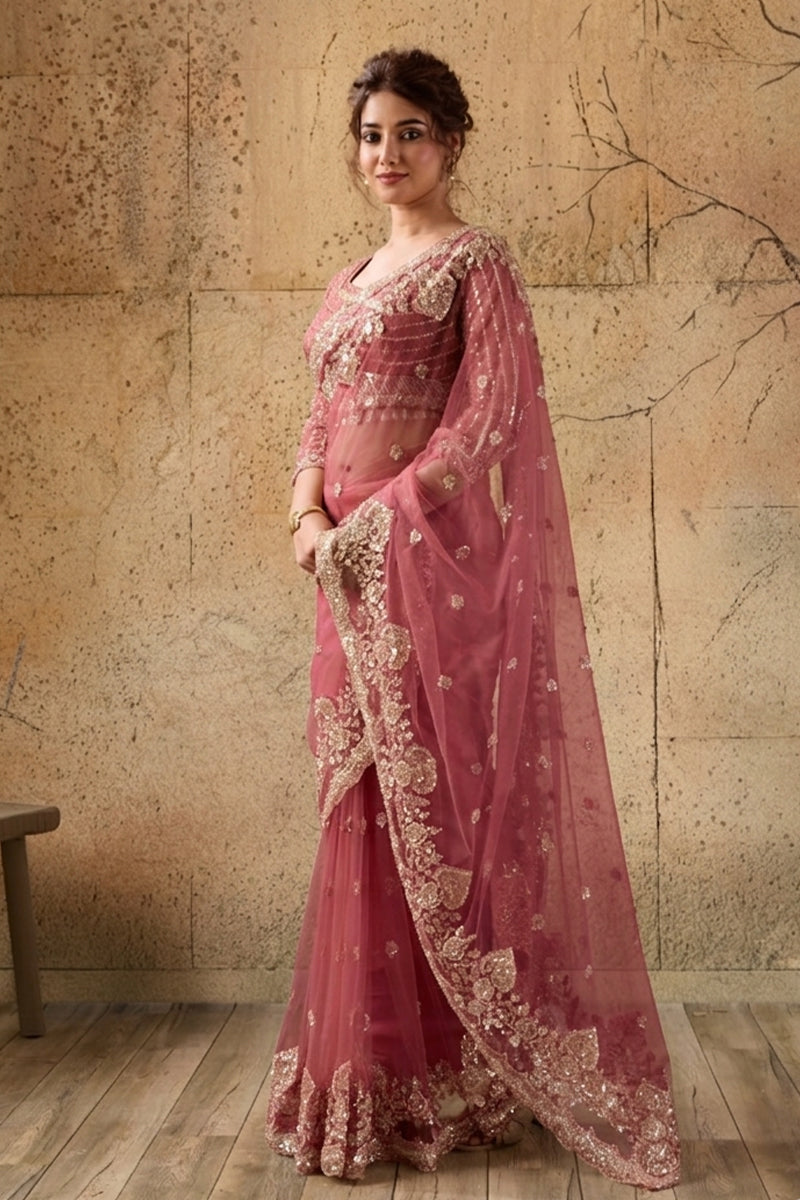 Rose Pink Net Saree With Sequin Hand Embroidery with Stitched Blouse