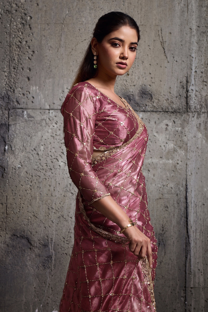 Rose Pink Organza Silk Saree with Hand Embroidery with Stitched Blouse