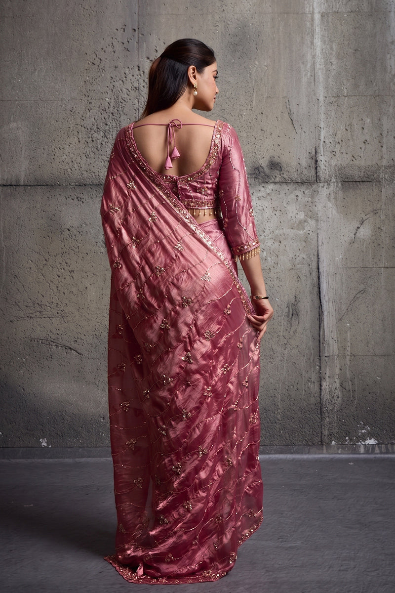Rose Pink Organza Saree with Hand Embroidery with Stitched Blouse