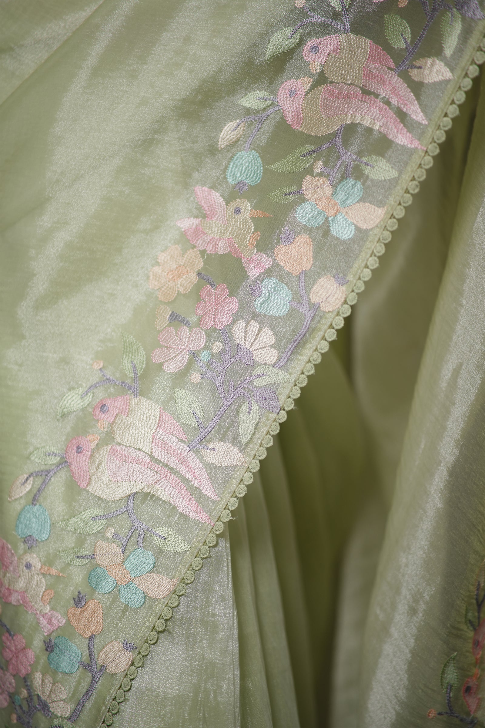 Pastel Green Organza Saree with Pastel Floral Thread Work