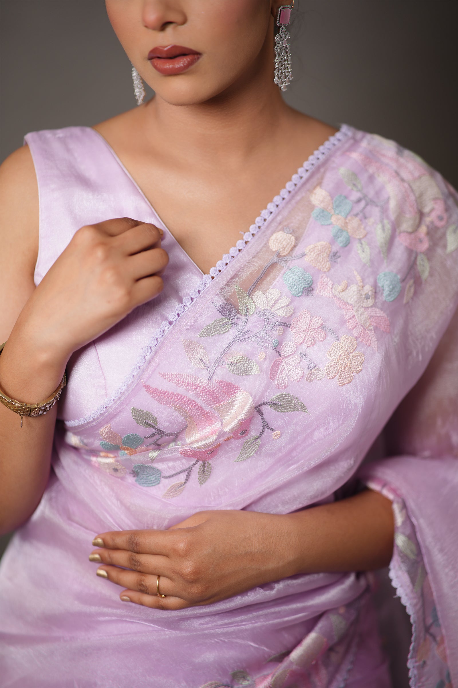 Lavendar Purple Organza Saree with Pastel Floral Thread Work