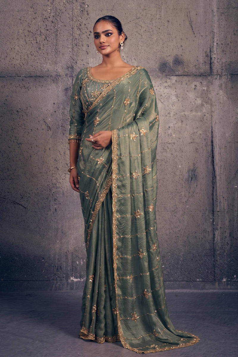 Light Teal Green Tissue Silk Saree with Hand Embroidery with Stitched Blouse