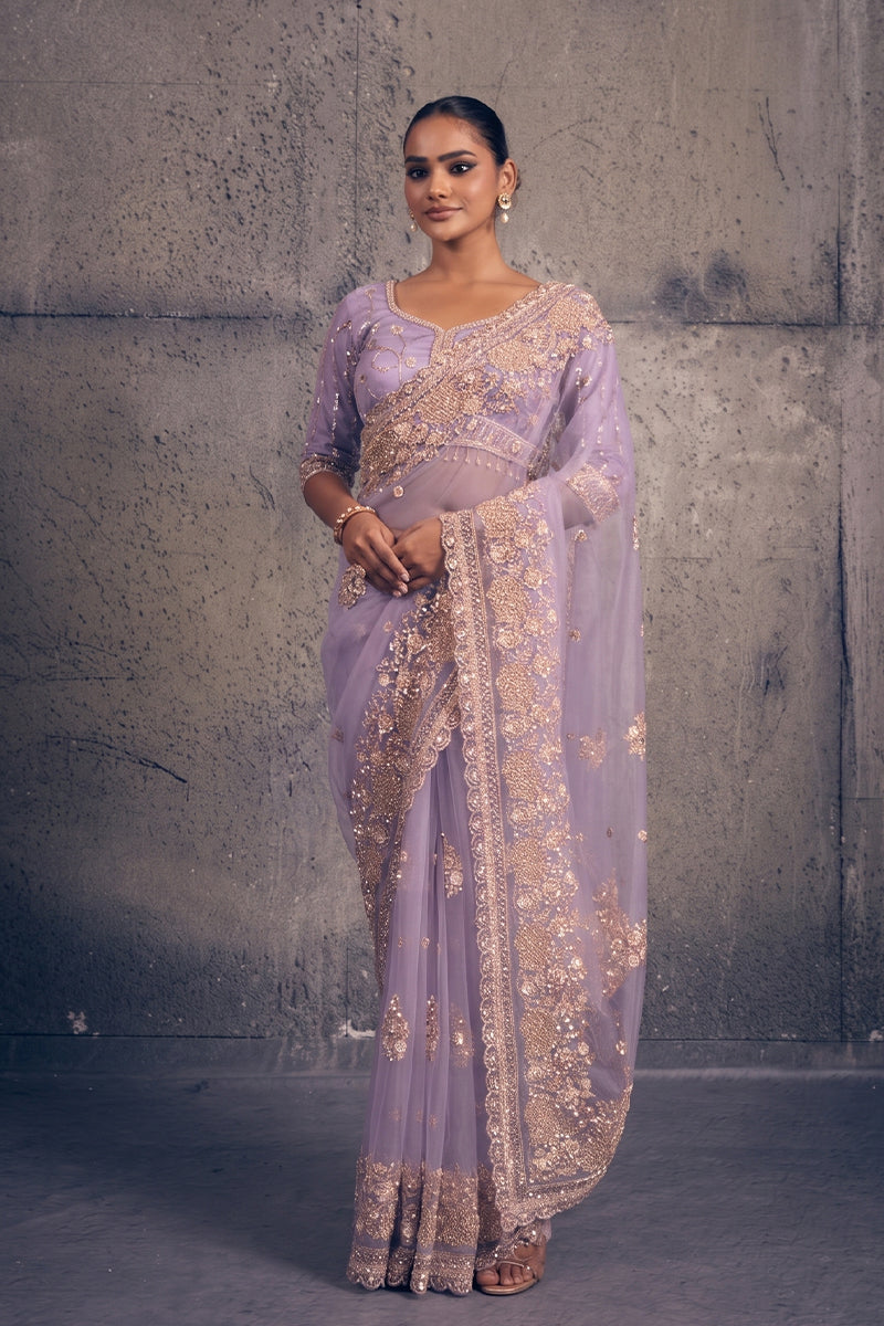 Light Lavendar Net Saree with Hand Embroidery with Stitched Blouse