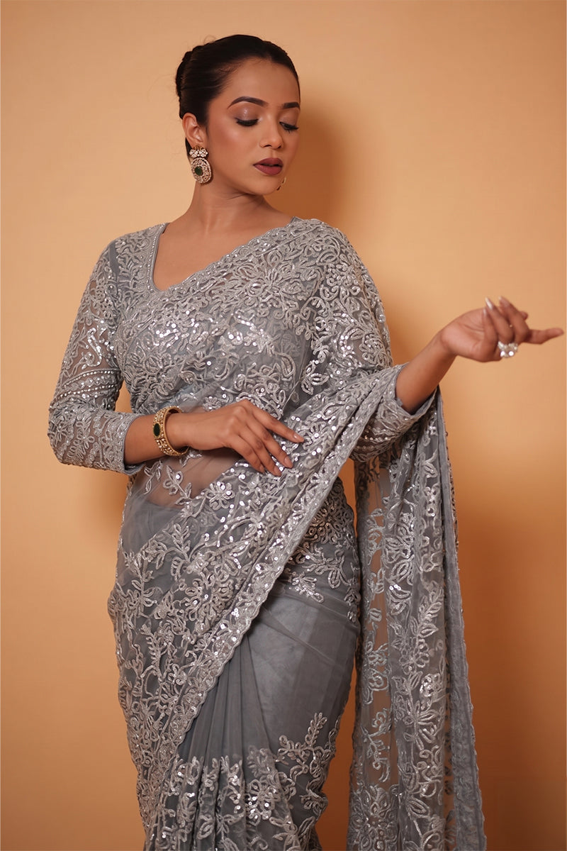 Grey Super Net Saree Featuring Sequin & Swarovski Detailing