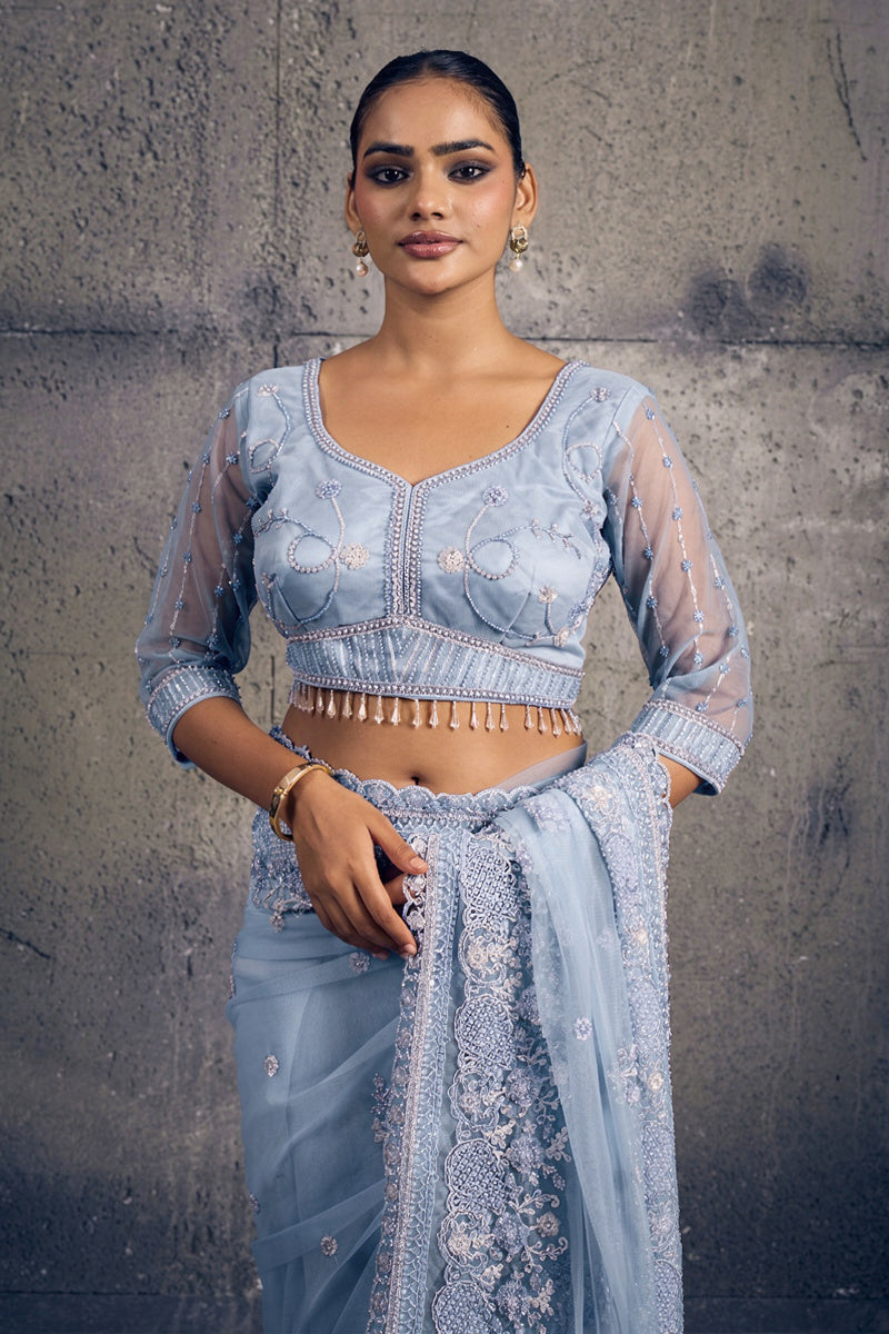 Sky Blue Net Saree with Hand Embroidery with Stitched Blouse