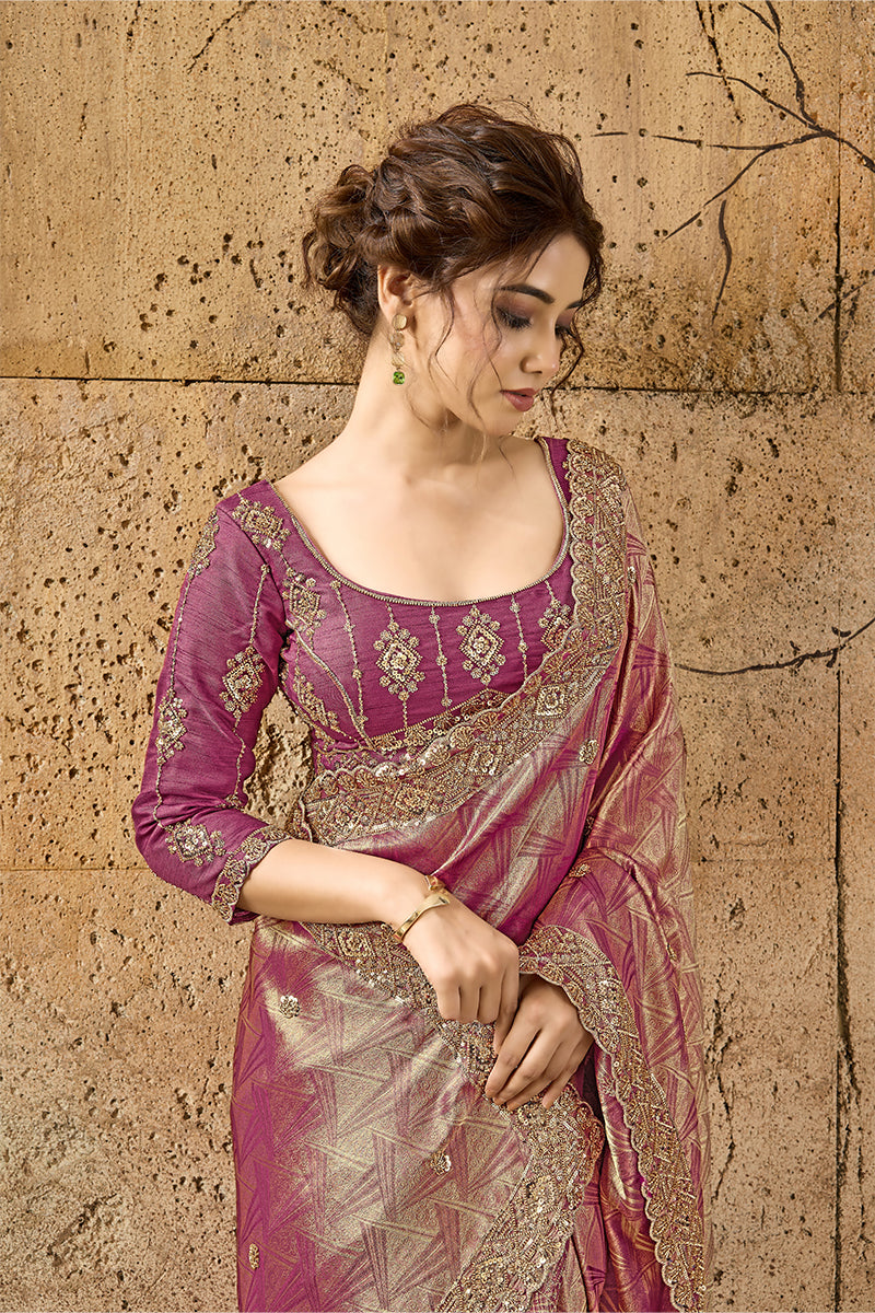 Rose Pink Organza Silk Saree with Zari Hand Embroidery with Stitched Blouse