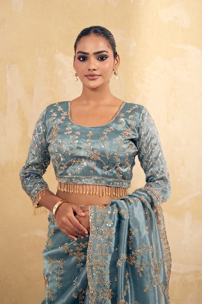 Aqua Blue Organza Silk Saree with Hand Embriodery with Stitched Blouse