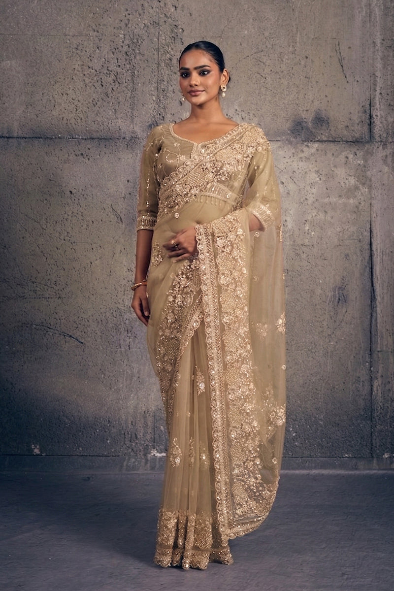 Beige Gold Net Saree with Hand Embroidery with Stitched Blouse