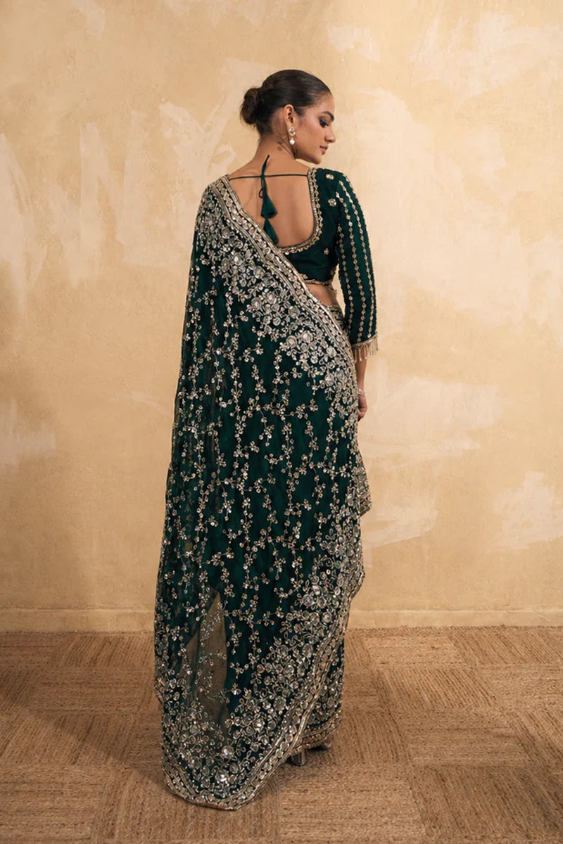 Bottle Green Organza Silk Saree with Hand Embroidery with Stitched Blouse