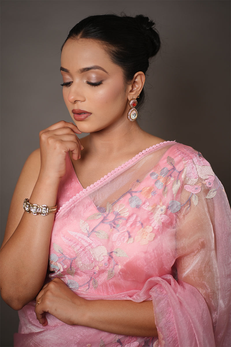 Soft Pink Organza Saree with Pastel Floral Thread Work