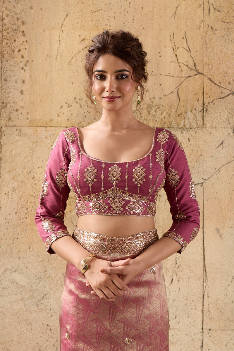 Rose Pink Organza Silk Saree with Zari Hand Embroidery with Stitched Blouse