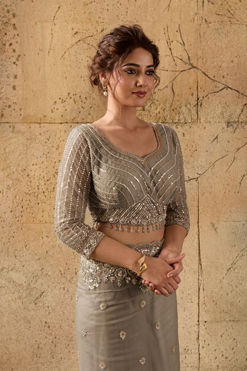 Dark Golden Net Saree With Sequin Hand Embroidery with Stitched Blouse
