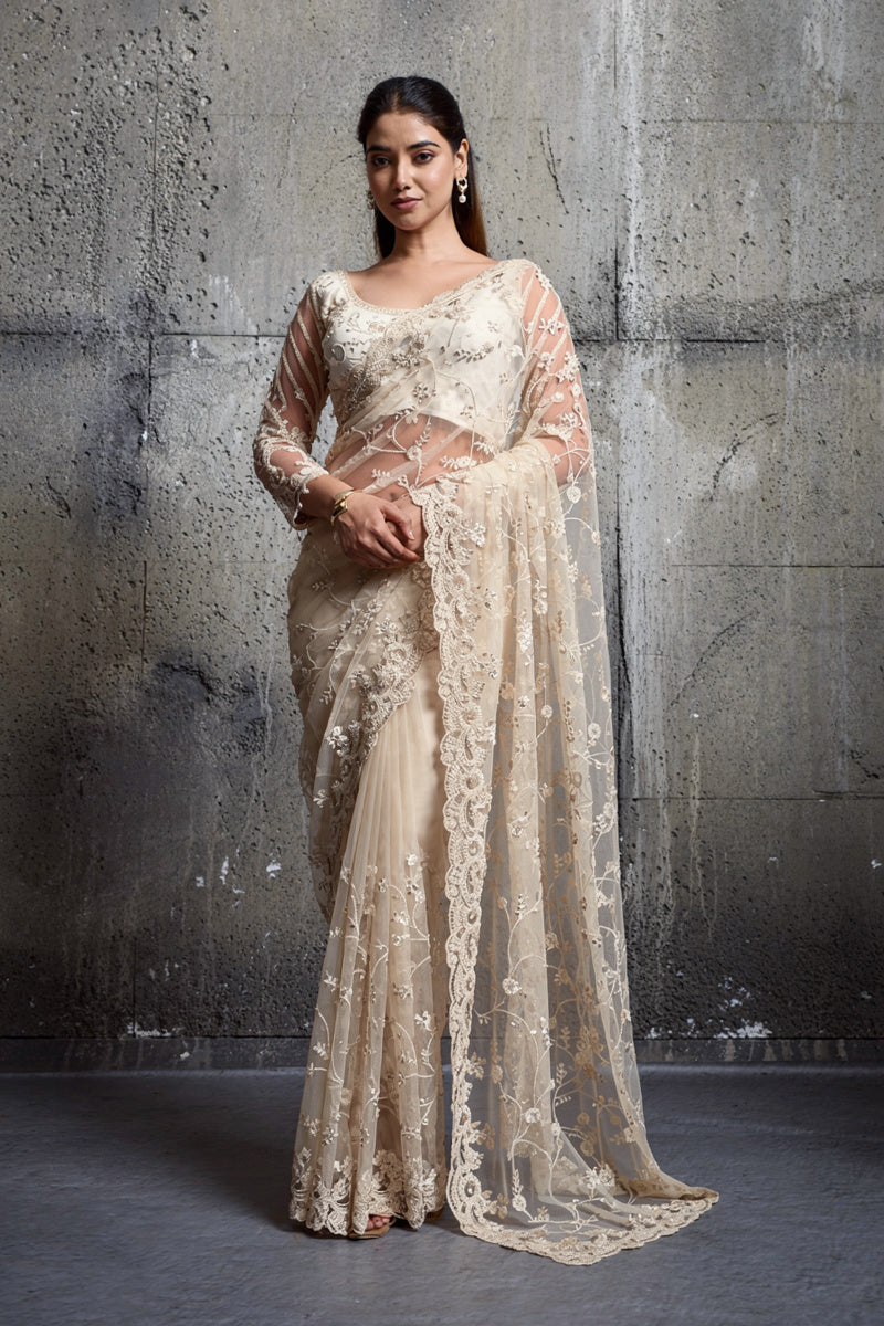 Ivory White Net Saree With Sequin Hand Embroidery with Stitched Blouse