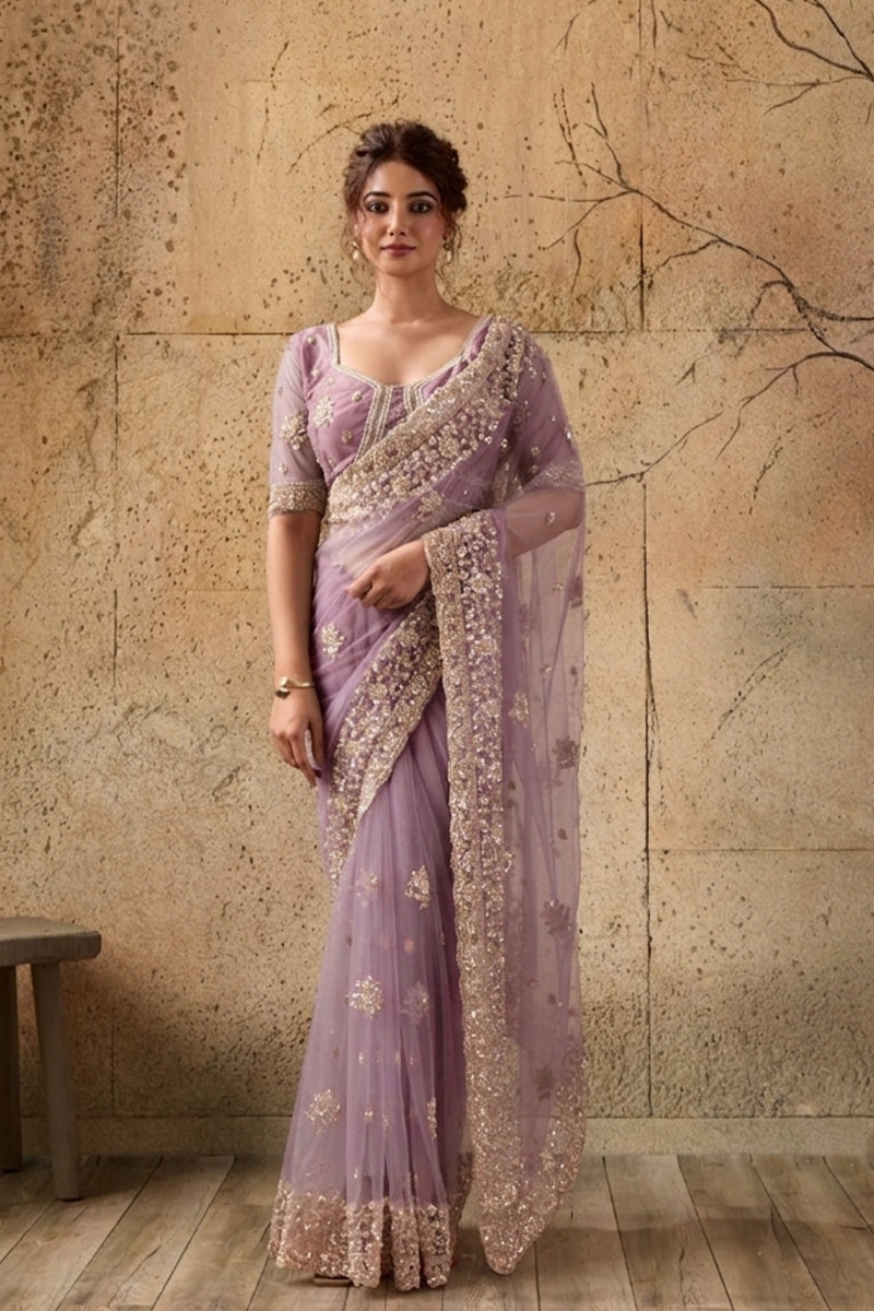 Lavendar Net Saree with Hand Embroidery with Stitched Blouse