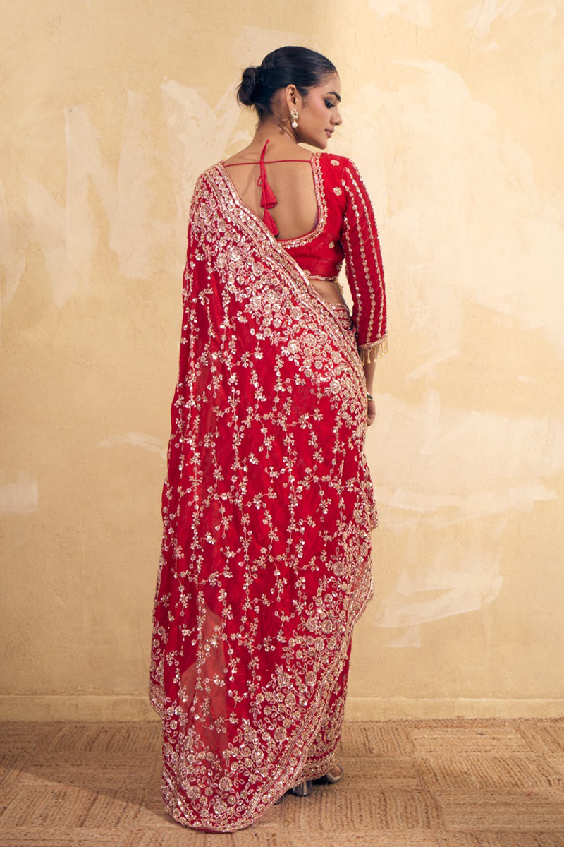Bridal Red Organza Silk Saree with Hand Embroidery with Stitched Blouse