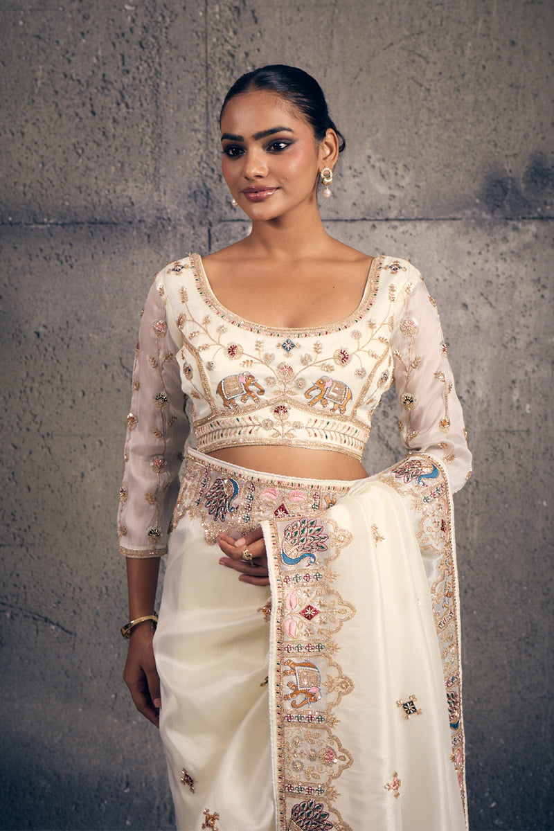 Ivory White Organza Saree with Peacock Hand Embroidery with Stitched Blouse