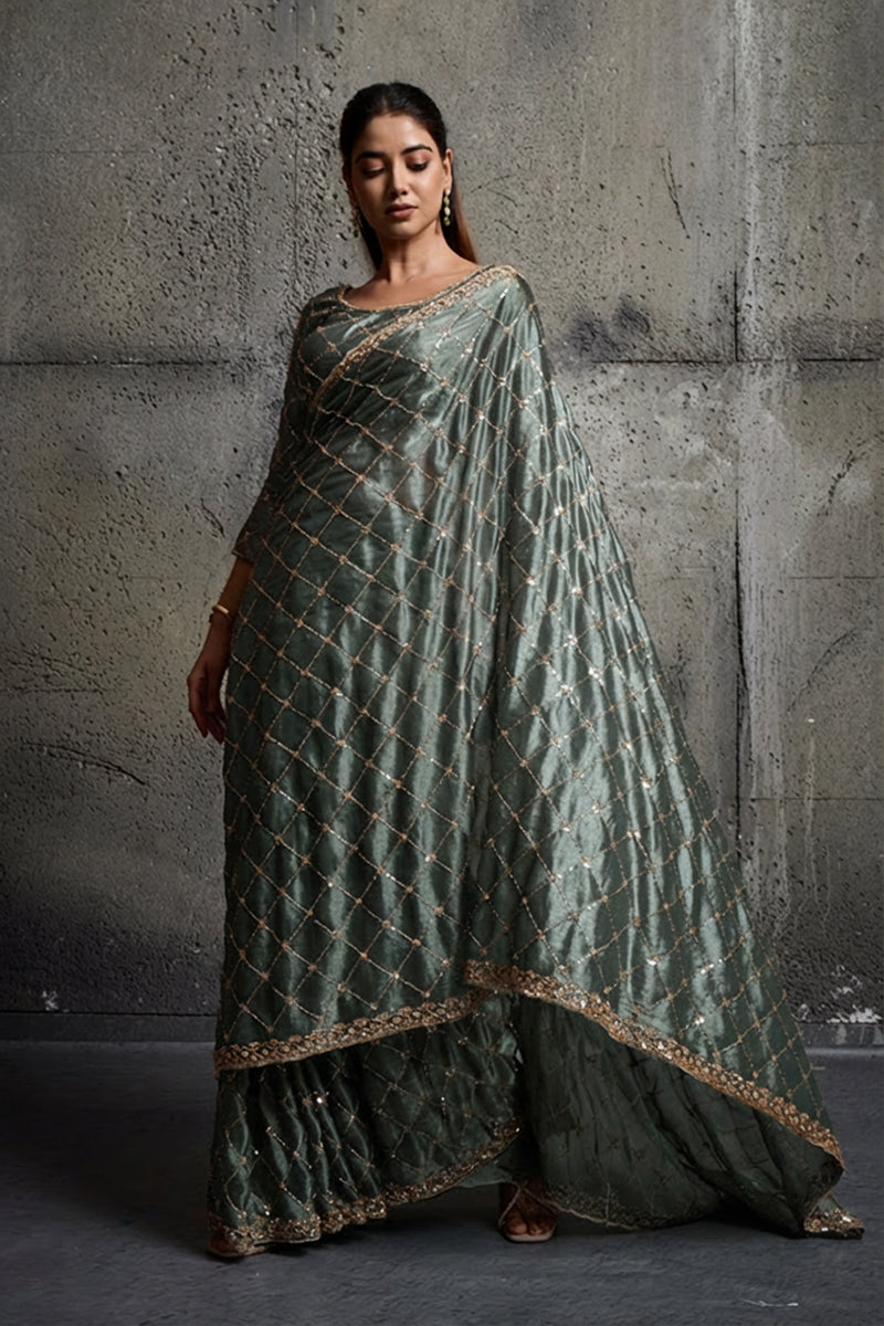 Mint Green Organza Silk Saree with Hand Embroidery with Stitched Blouse