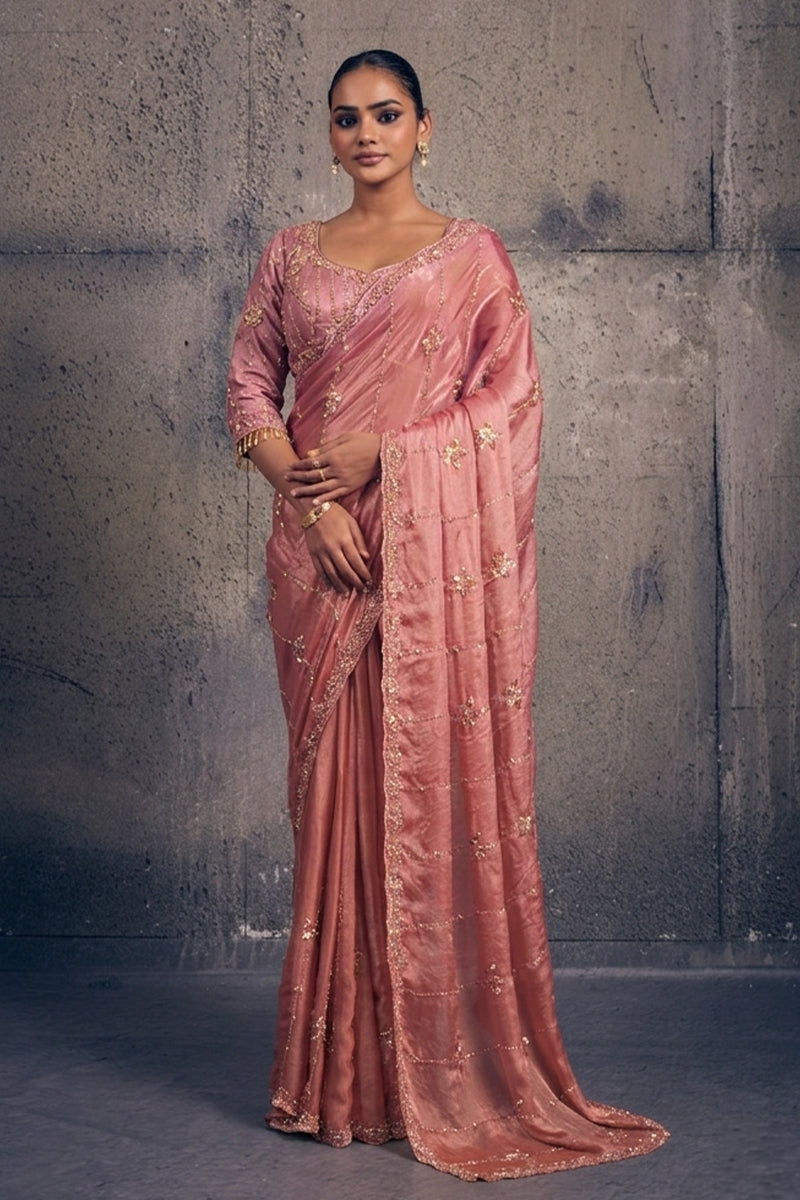 Rose Pink Tissue Silk Saree with Hand Embroidery with Stitched Blouse