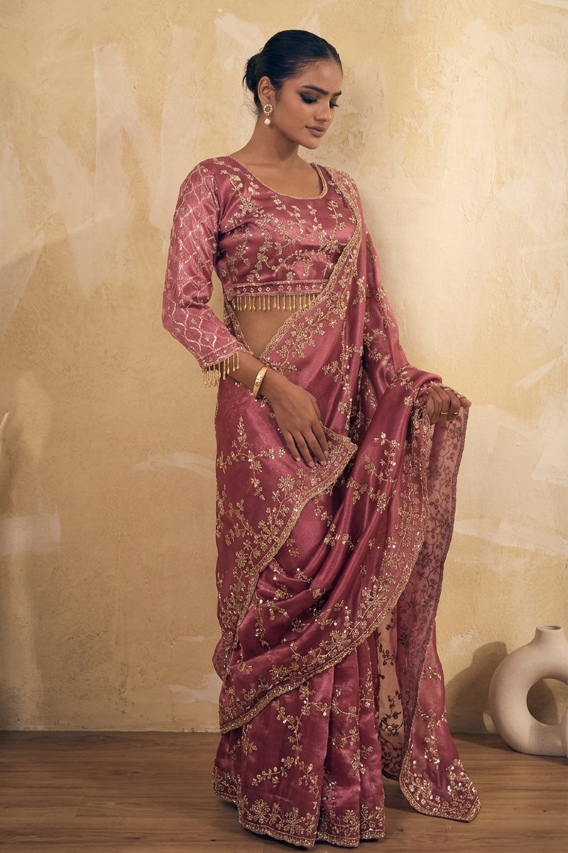 Magenta Pink Organza Silk Saree with Hand Embriodery with Stitched Blouse