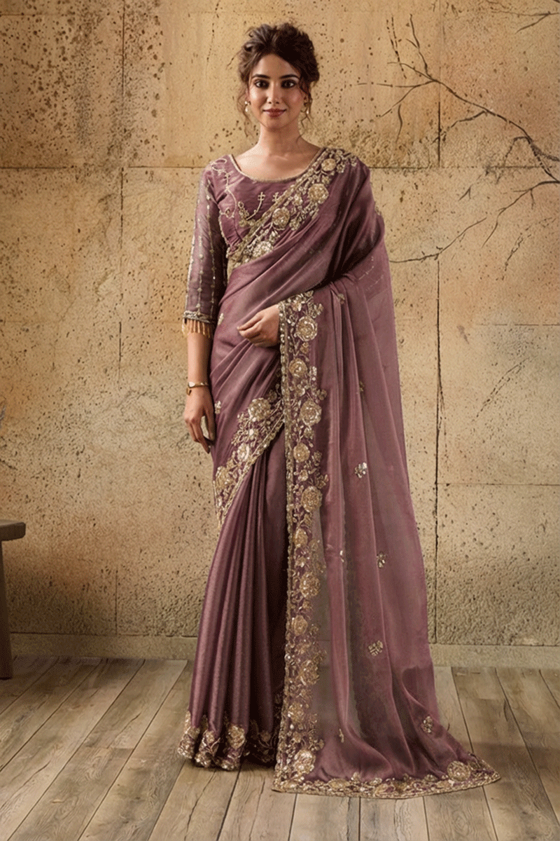 Mauve Pink Organza Saree with Floral Hand Embroidery