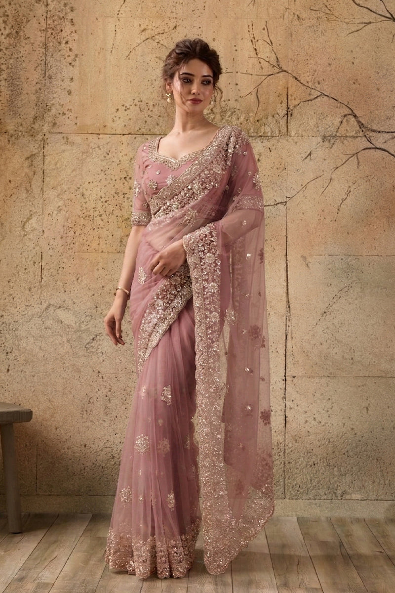 Rose Pink Net Saree with Hand Embroidery with Stitched Blouse