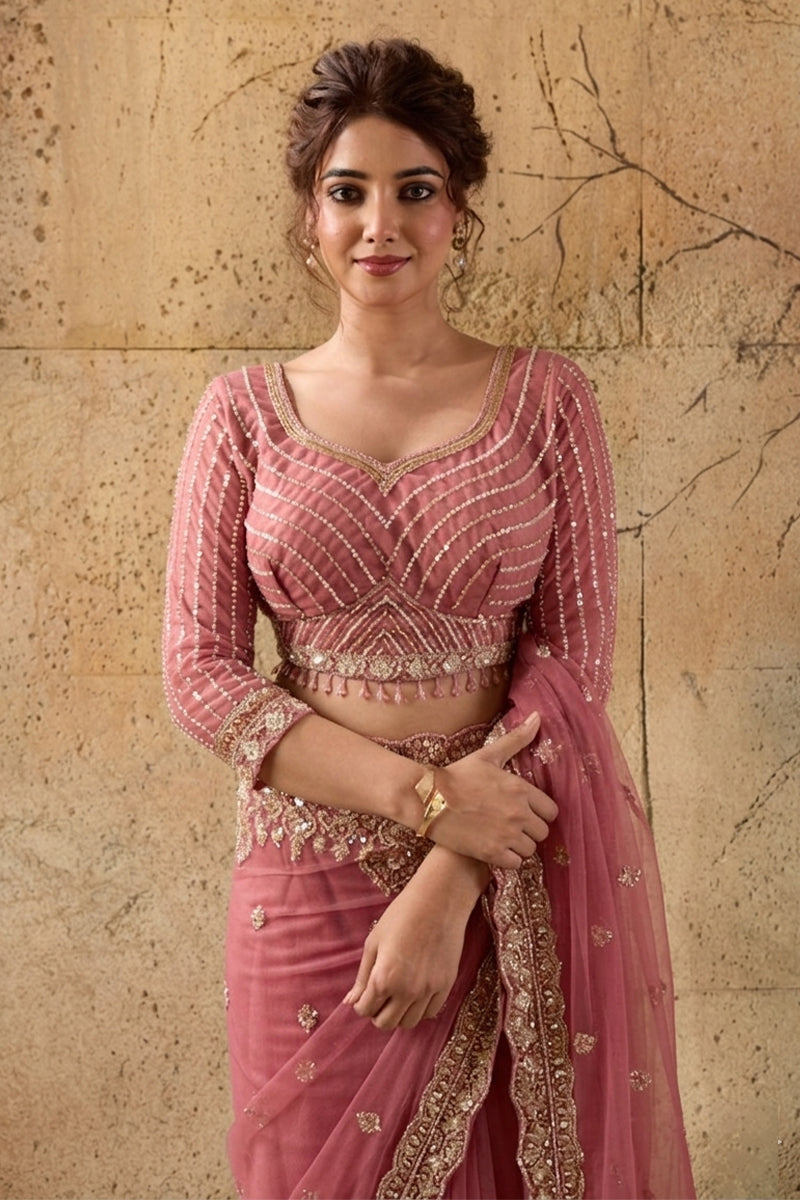 Rose Pink Net Saree With Sequin Hand Embroidery with Stitched Blouse