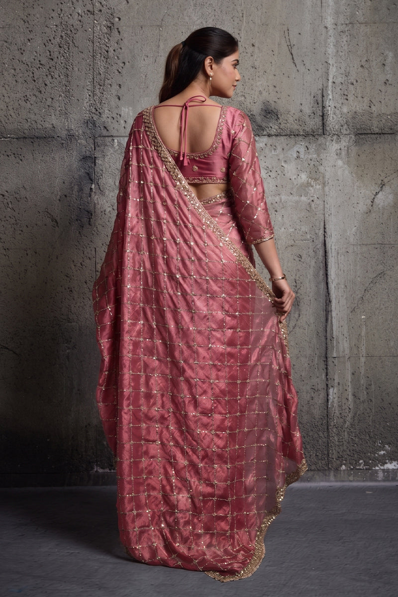 Rose Pink Organza Silk Saree with Hand Embroidery with Stitched Blouse