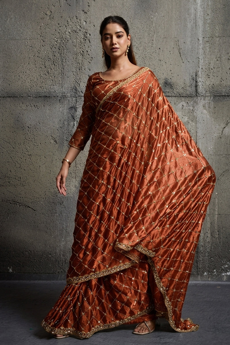 Rusty Dark Orange Organza Silk Saree with Hand Embroidery with Stitched Blouse