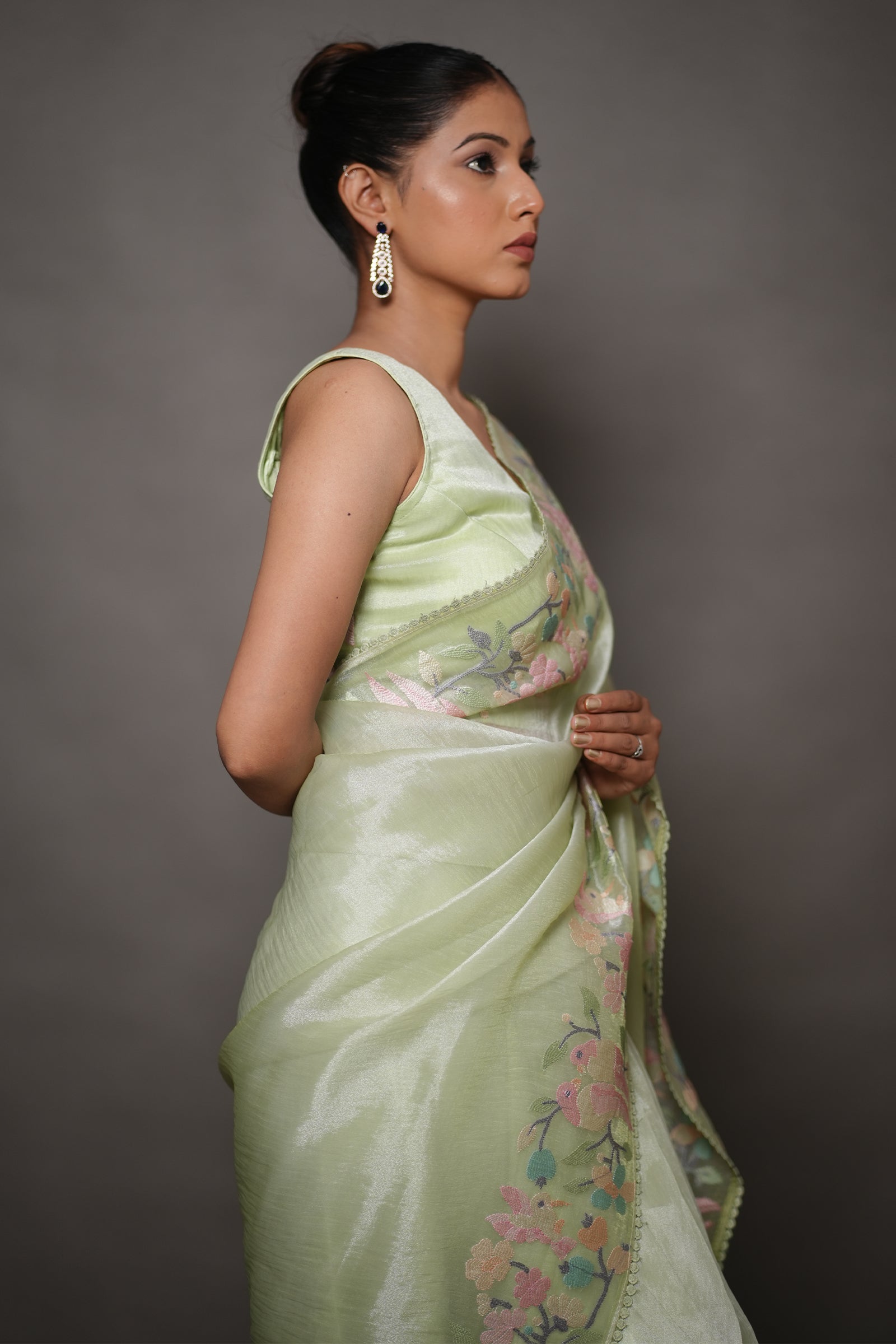 Pastel Green Organza Saree with Pastel Floral Thread Work