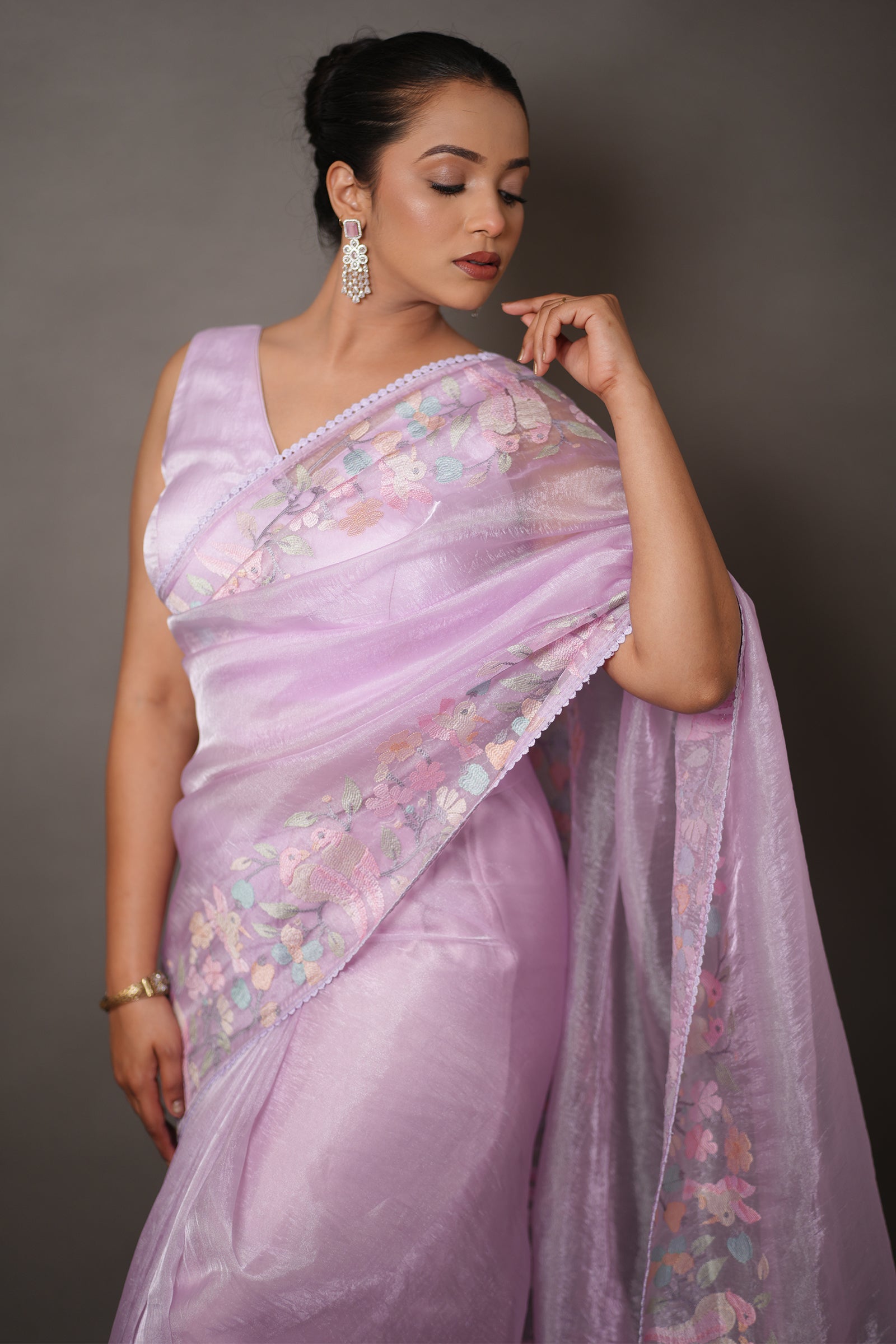 Lavendar Purple Organza Saree with Pastel Floral Thread Work